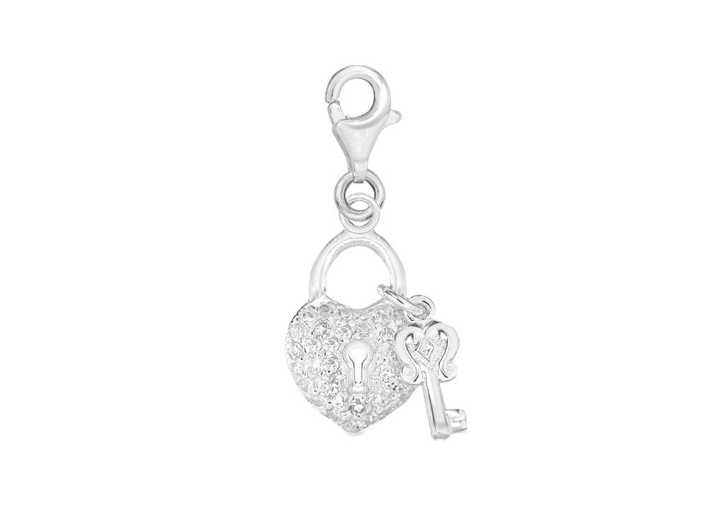 Sterling Silver Zirconia Heart Padlock & Key Lobster-Clasp Charm