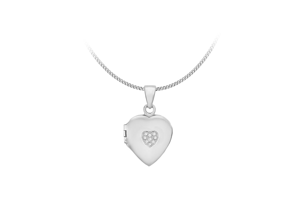 Sterling Silver Rhodium Plated Zirconia  17mm x 20mm Heart Locket Pendant