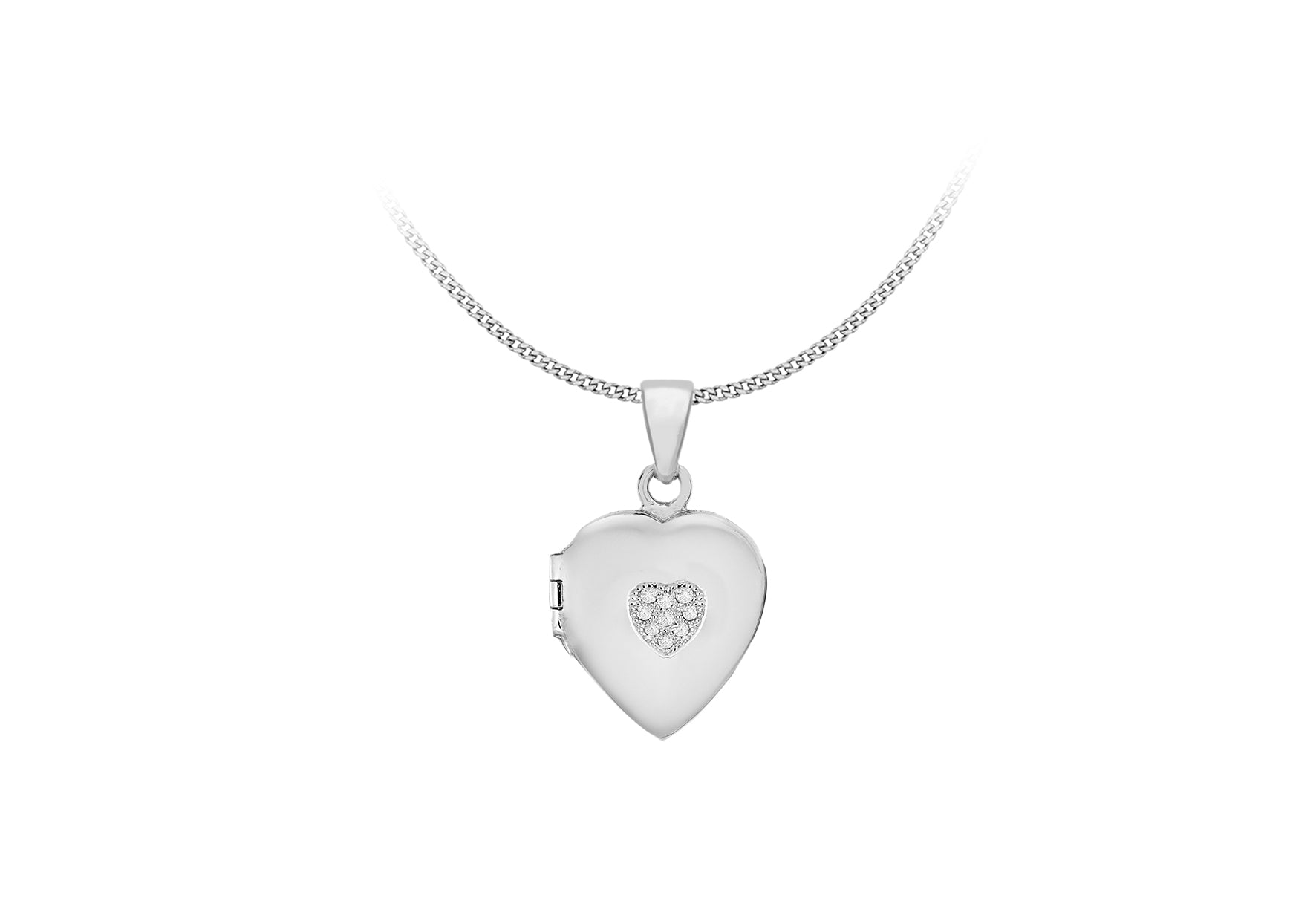 Sterling Silver Rhodium Plated Zirconia  17mm x 20mm Heart Locket Pendant