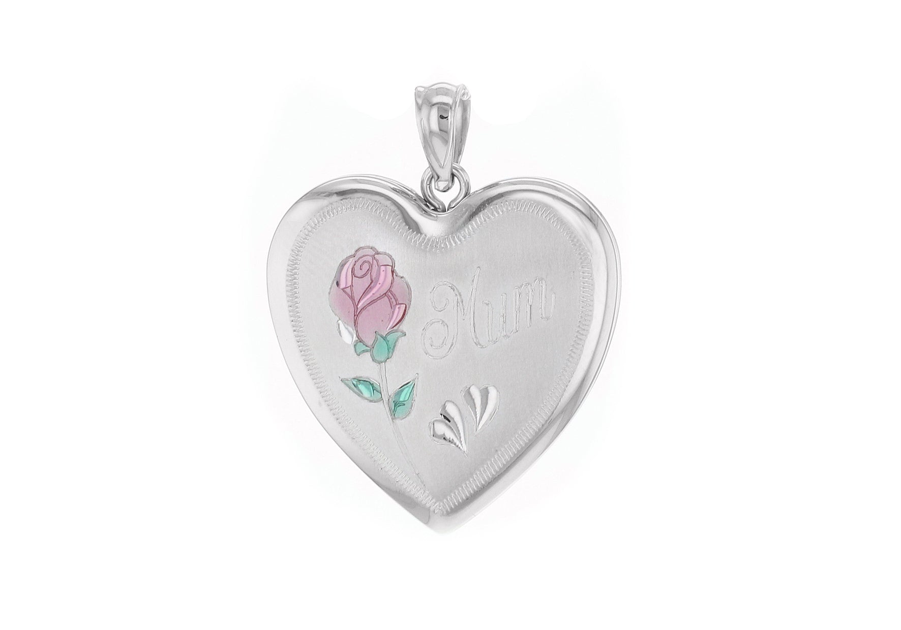 Sterling Silver Large Etched  'Mum' Rose Heart Locket