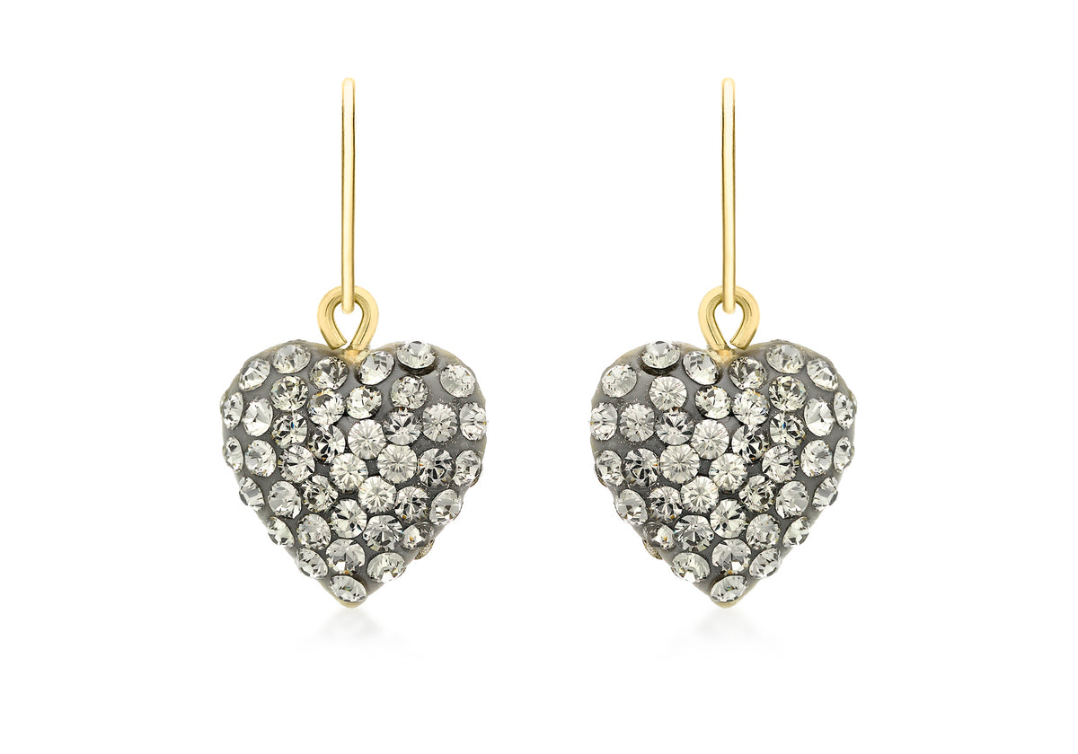 9ct Yellow Gold Grey Crystalique Puffed Heart Drop Earrings