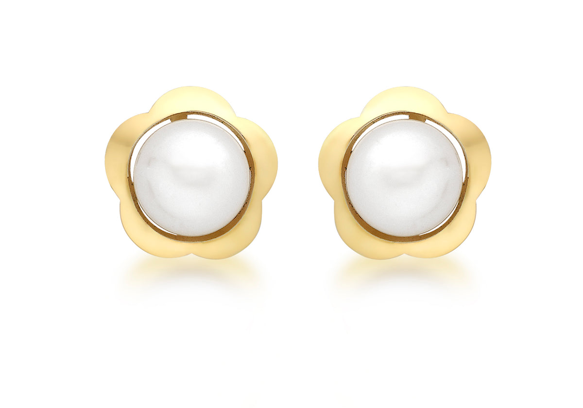9ct Yellow Gold 8mm Flower and Pearl Stud Earrings