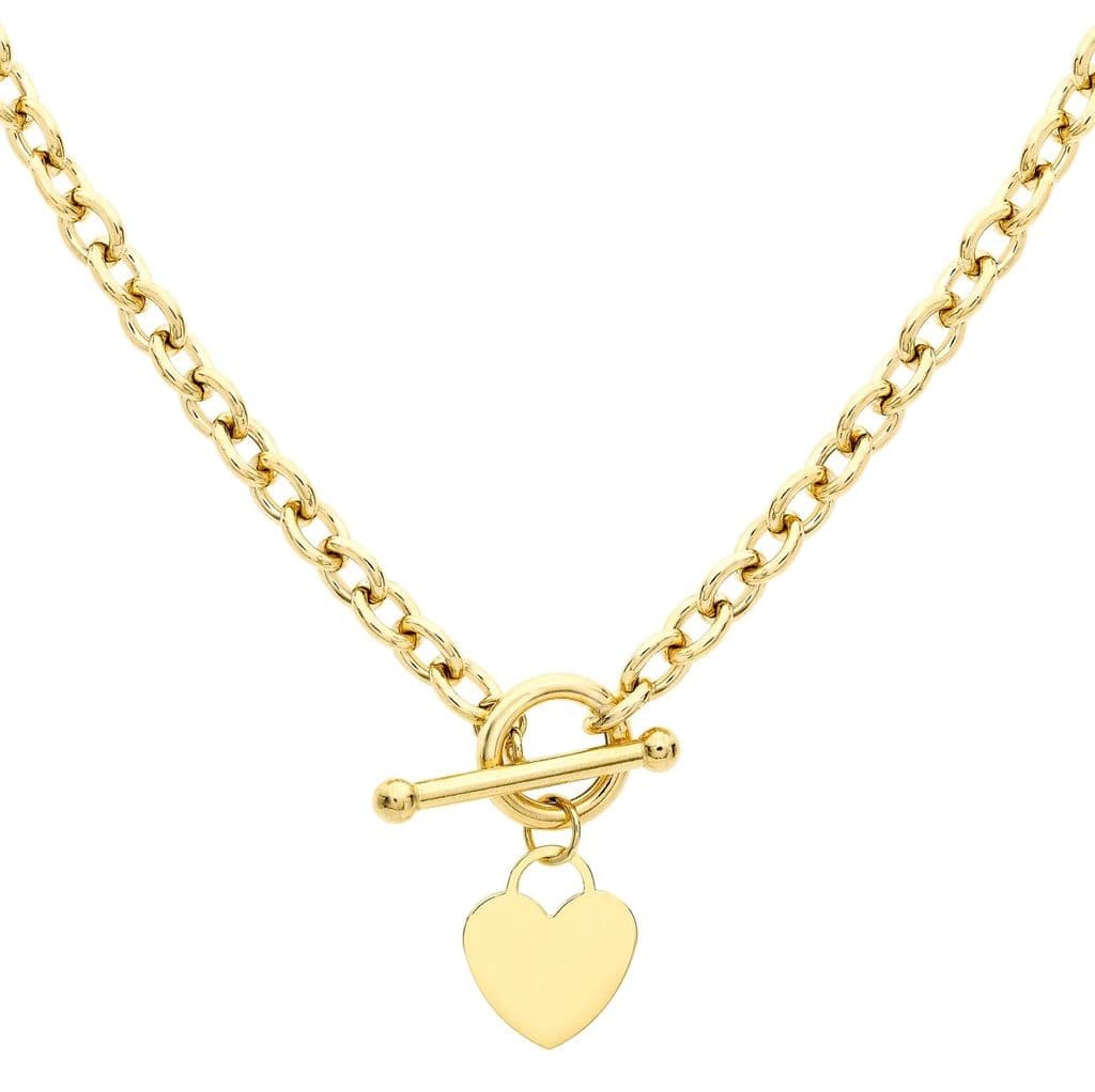 9ct Yellow Gold Heart Tag T-Bar Oval Belcher Chain Necklace